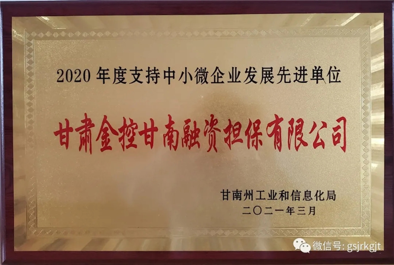 金控甘南擔保榮獲2020年度支持中小微企業發展先進單位稱號